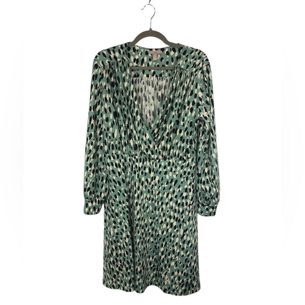 H&M Dress Paintbrush Pattern Faux Wrap Front Softly Gathered Cuffed Long Sleeve